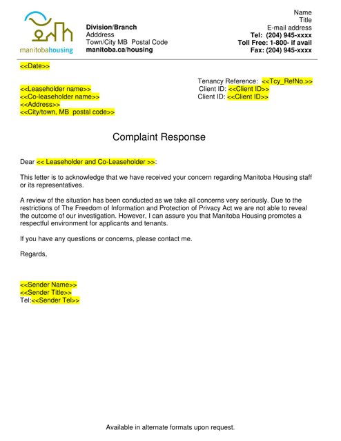 Complaint Response Letter - Manitoba, Canada Download Pdf