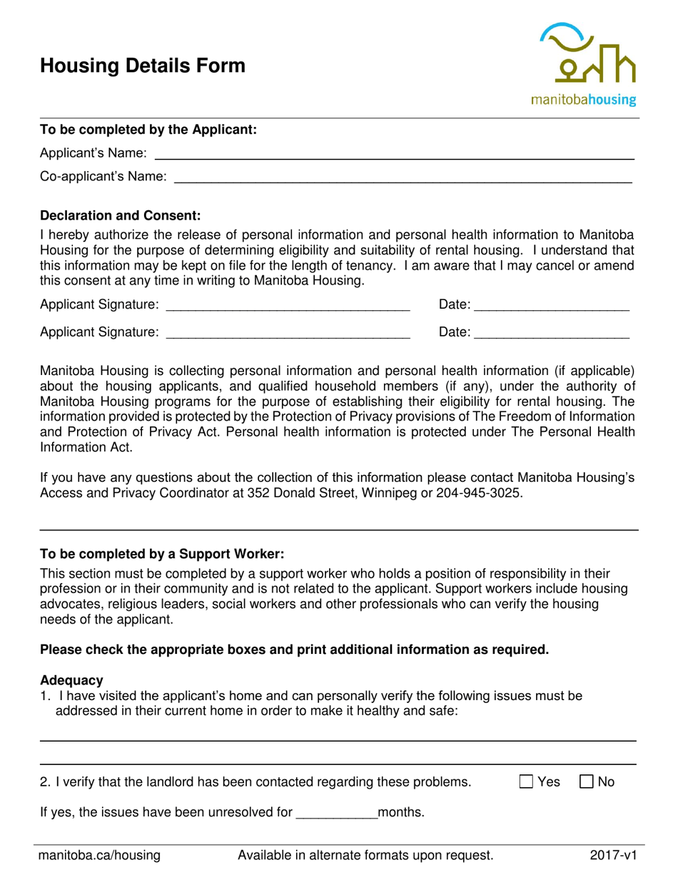 Housing Details Form - Manitoba, Canada, Page 1