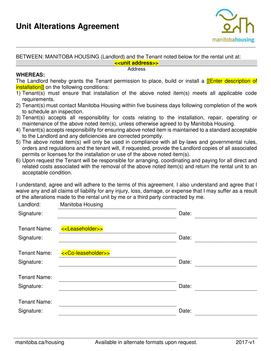 Unit Alterations Agreement - Manitoba, Canada, Page 1