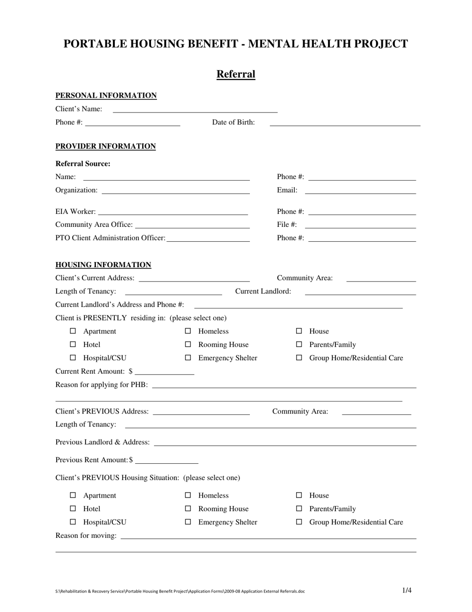 Portable Housing Benefit - Mental Health Project Referral Form - Manitoba, Canada, Page 1