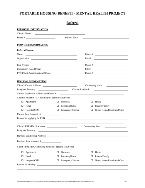 Portable Housing Benefit - Mental Health Project Referral Form - Manitoba, Canada Download Pdf