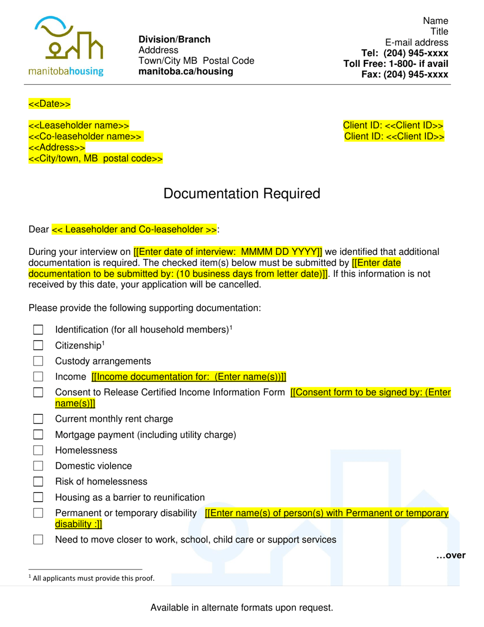 Documentation Required - Post Interview Letter - Manitoba, Canada, Page 1