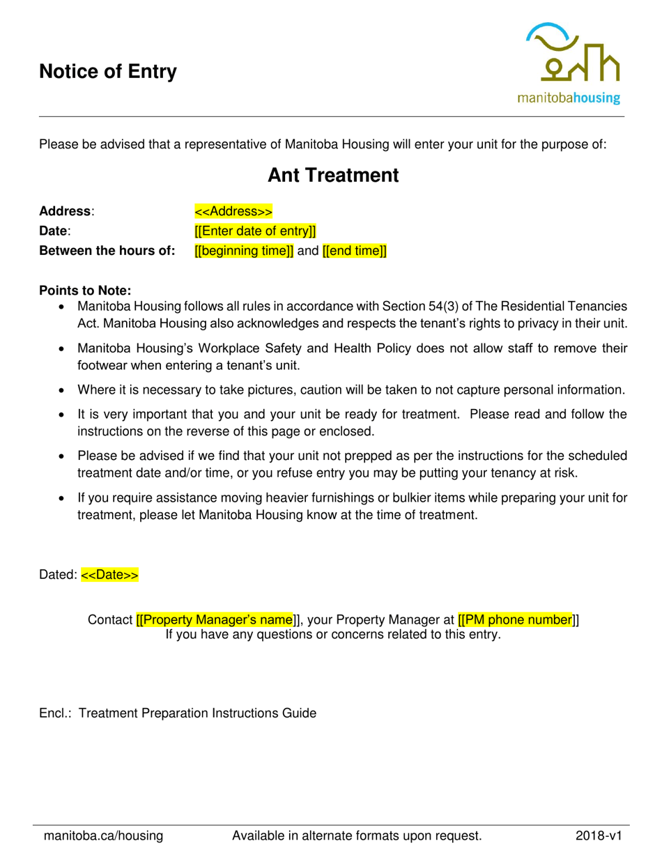 Notice of Entry - Ant Treatment - Manitoba, Canada, Page 1
