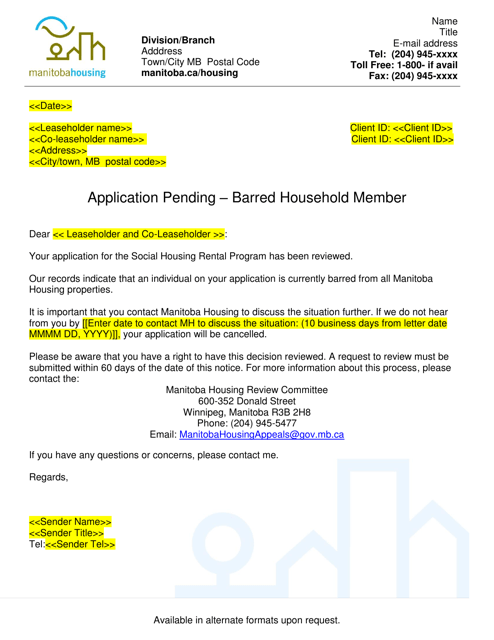 Application Pending Letter - Barred Household Member - Manitoba, Canada