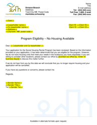 Document preview: Program Eligibility - No Housing Available Letter - Manitoba, Canada