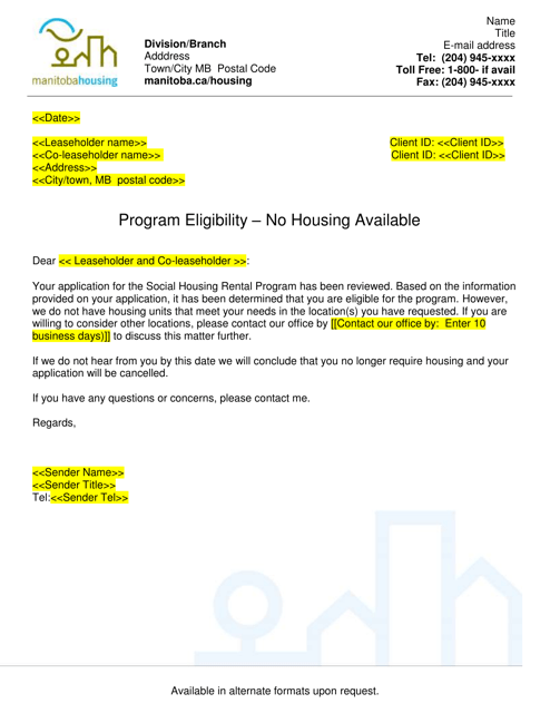 &quot;Program Eligibility - No Housing Available Letter&quot; - Manitoba, Canada Download Pdf