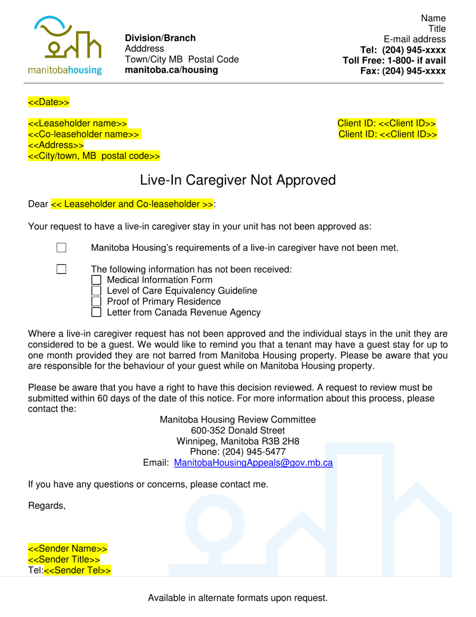 Live-In Caregiver Not Approved Letter - Manitoba, Canada, Page 1