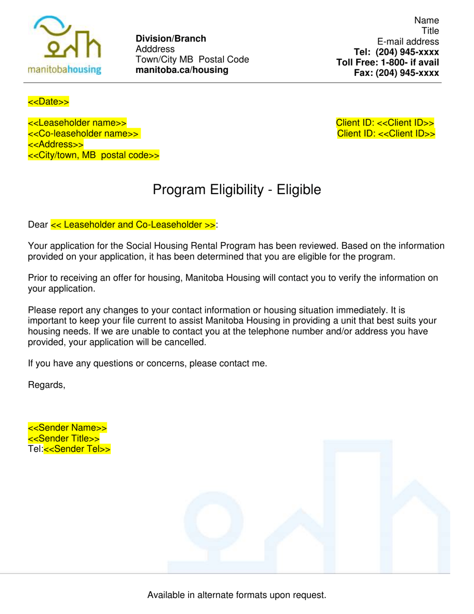 Program Eligibility Letter - Eligible - Manitoba, Canada, Page 1