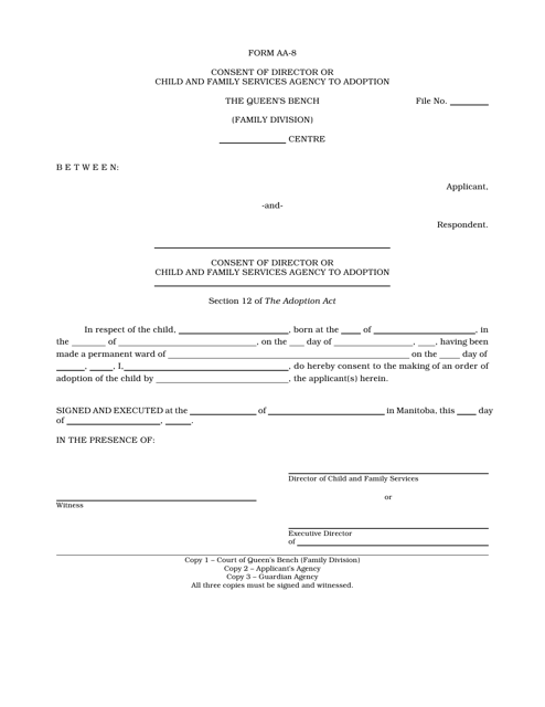 Form AA-8 Consent of Director or Child and Family Services Agency to Adoption - Manitoba, Canada