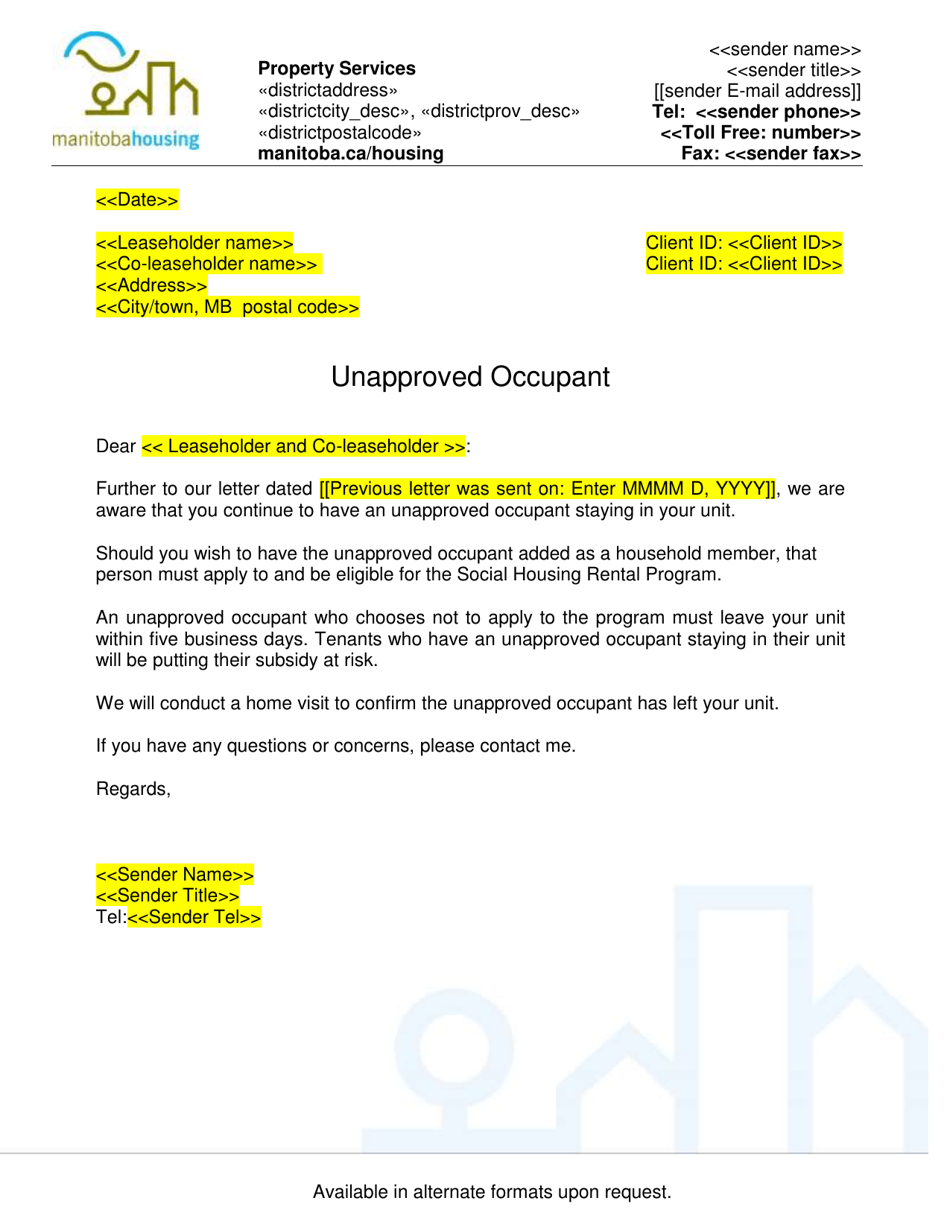 Unapproved Occupant Letter - Manitoba, Canada, Page 1