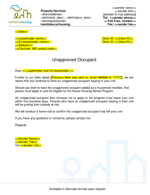 Unapproved Occupant Letter - Manitoba, Canada Download Pdf