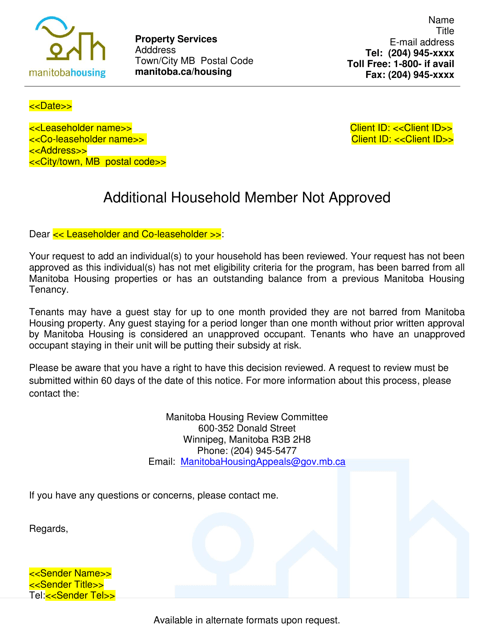 Additional Household Member Not Approved Letter - Manitoba, Canada Download Pdf