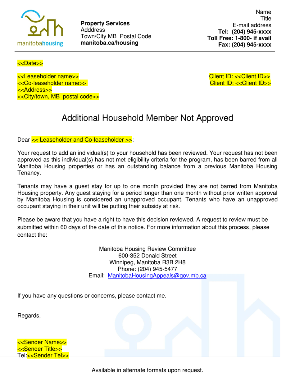 Additional Household Member Not Approved Letter - Manitoba, Canada, Page 1