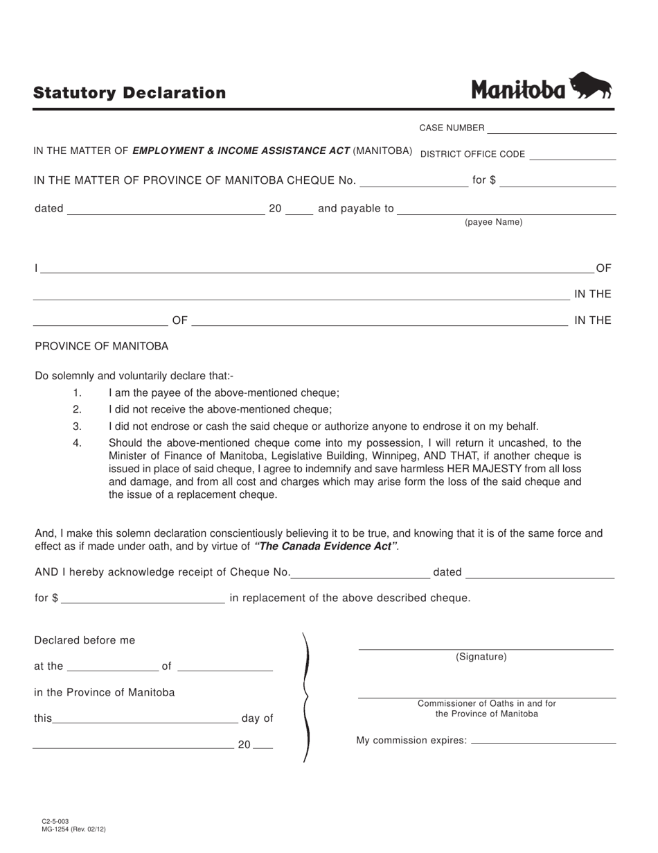 Form MG-1254 Statutory Declaration - Manitoba, Canada, Page 1