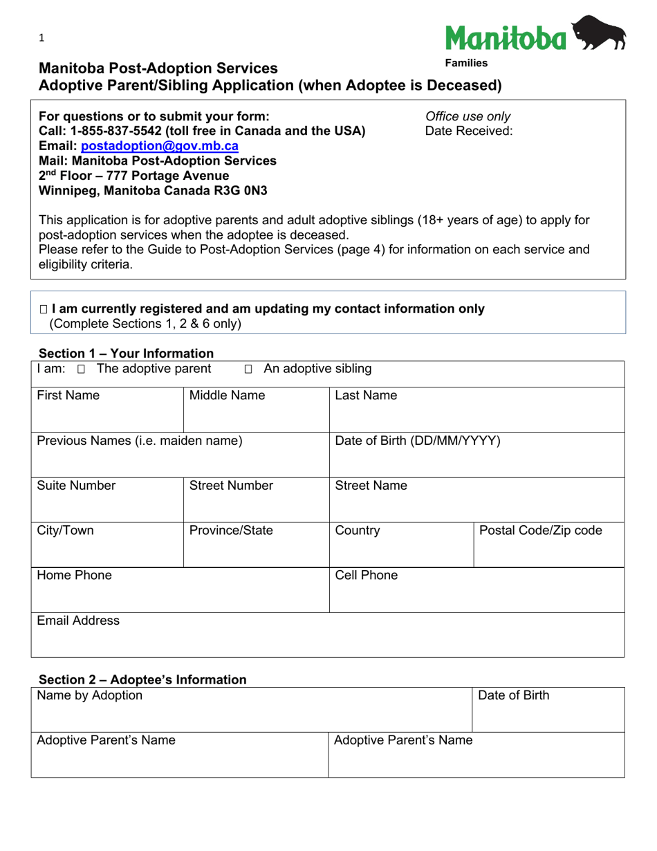 Adoptive Parent / Sibling Application (When Adoptee Is Deceased) - Manitoba Post-adoption Services - Manitoba, Canada, Page 1