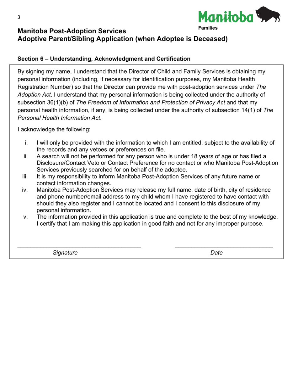 Adoptive Parent / Sibling Application (When Adoptee Is Deceased) - Manitoba Post-adoption Services - Manitoba, Canada, Page 3