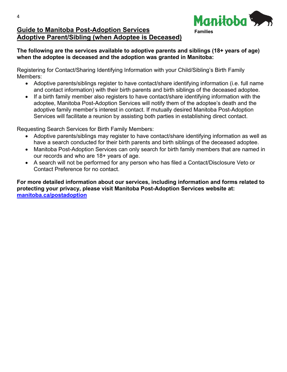 Adoptive Parent / Sibling Application (When Adoptee Is Deceased) - Manitoba Post-adoption Services - Manitoba, Canada, Page 4