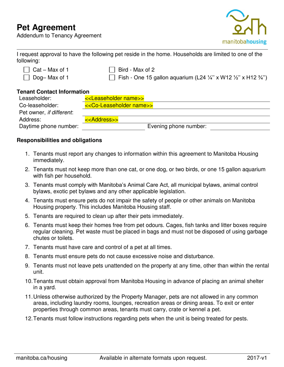 Manitoba Canada Pet Agreement Fill Out, Sign Online and Download PDF