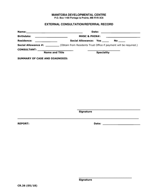 Form CR.26 External Consultation/Referral Record - Manitoba, Canada