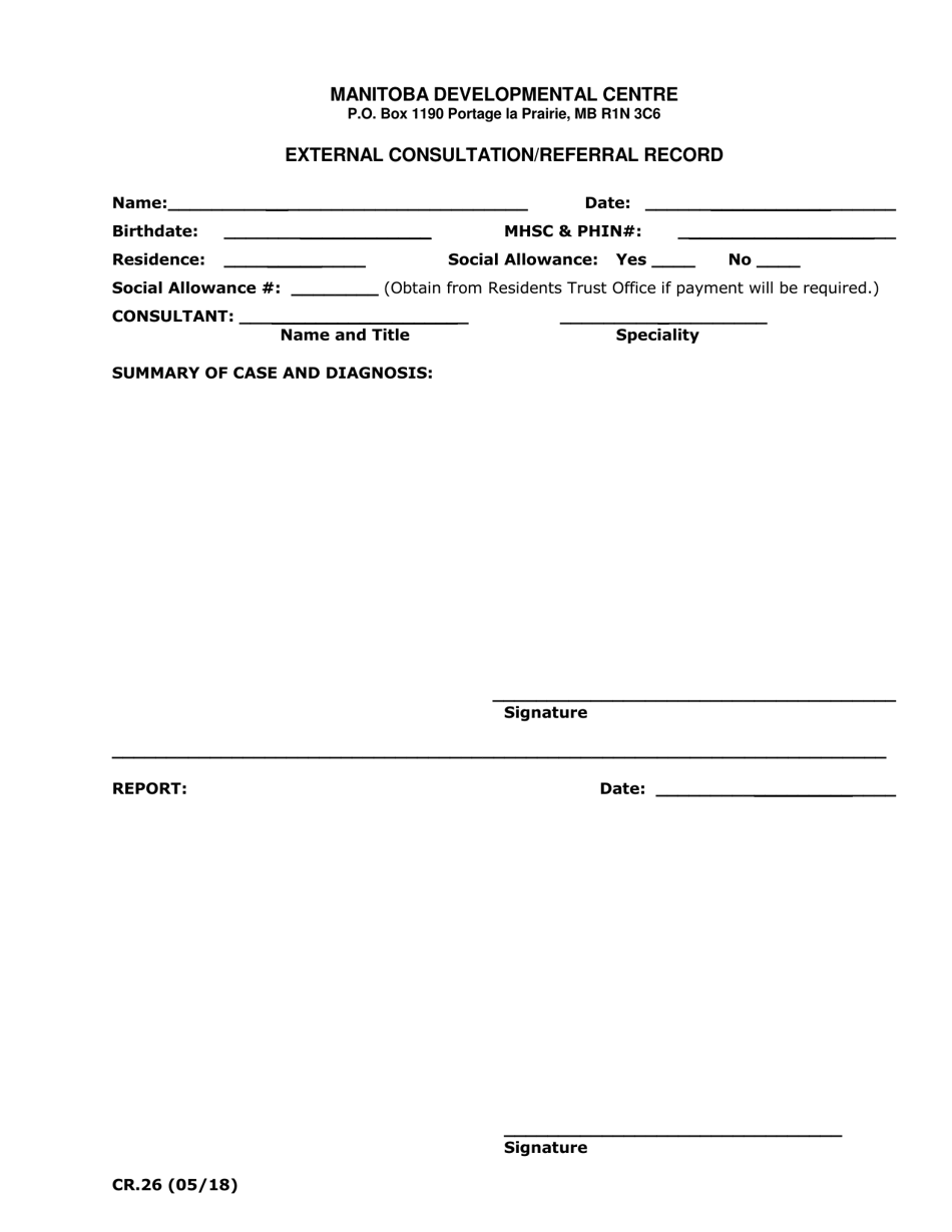 Form CR.26 External Consultation / Referral Record - Manitoba, Canada, Page 1