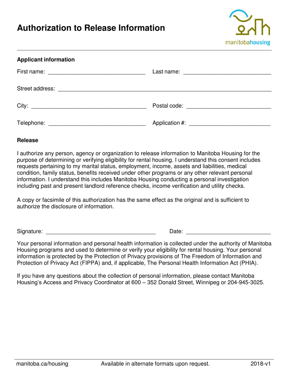 Manitoba Canada Authorization to Release Information - Fill Out, Sign ...
