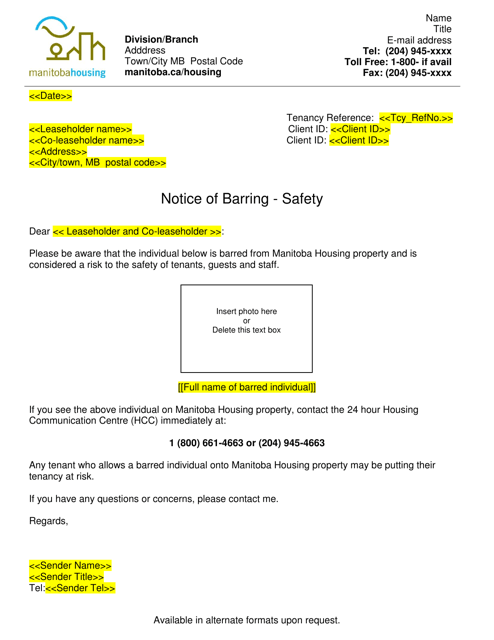 Notice of Barring Letter - Safety - Manitoba, Canada Download Pdf