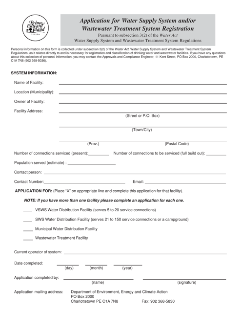 Application for Water Supply System and / or Wastewater Treatment System Registration - Prince Edward Island, Canada Download Pdf