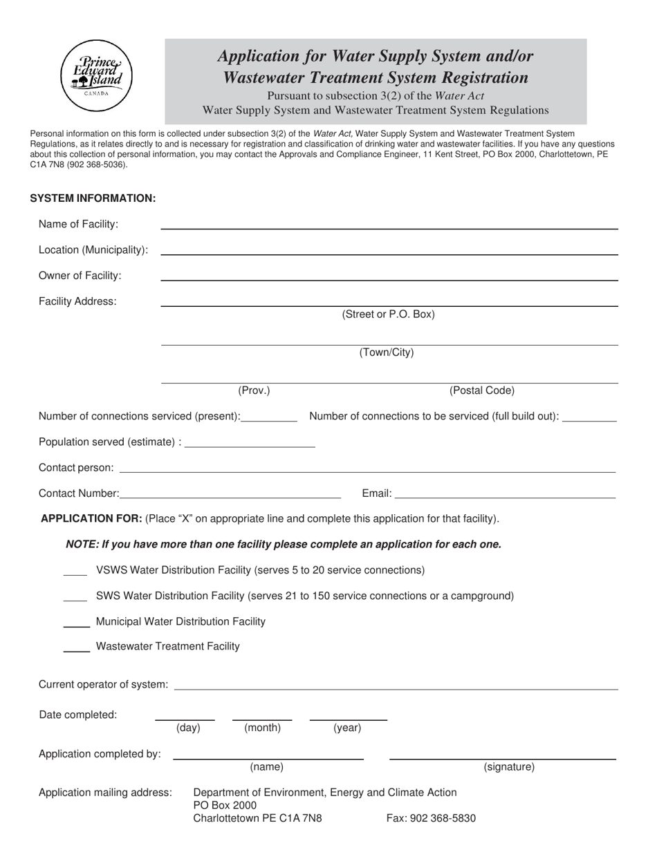 Application for Water Supply System and / or Wastewater Treatment System Registration - Prince Edward Island, Canada, Page 1