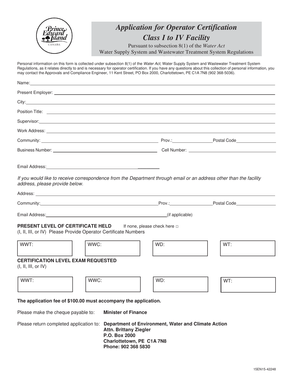 Application for Operator Certification Class I to IV Facility - Prince Edward Island, Canada, Page 1
