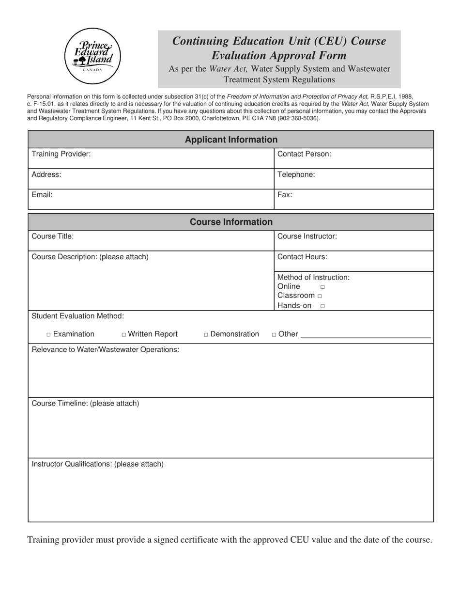 Continuing Education Unit (Ceu) Course Evaluation Approval Form - Prince Edward Island, Canada, Page 1
