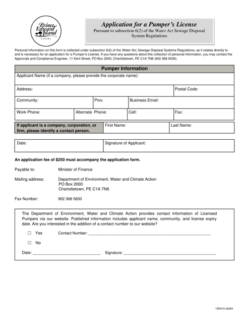 Application for a Pumper's Licence - Prince Edward Island, Canada Download Pdf