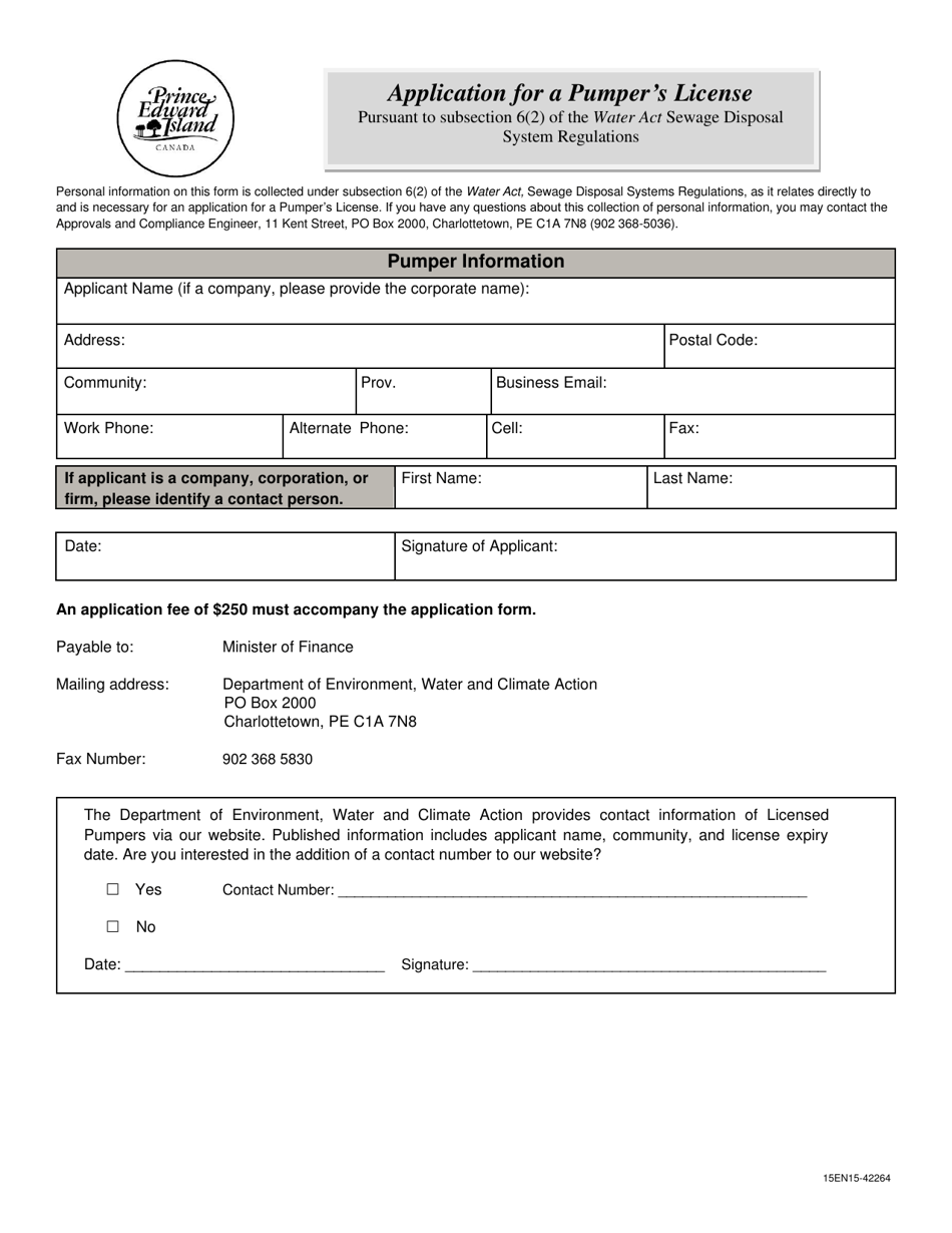 Application for a Pumpers Licence - Prince Edward Island, Canada, Page 1