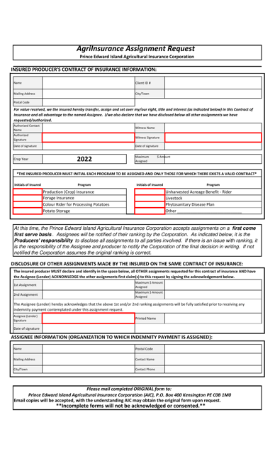 Agriinsurance Assignment Request - Prince Edward Island, Canada Download Pdf