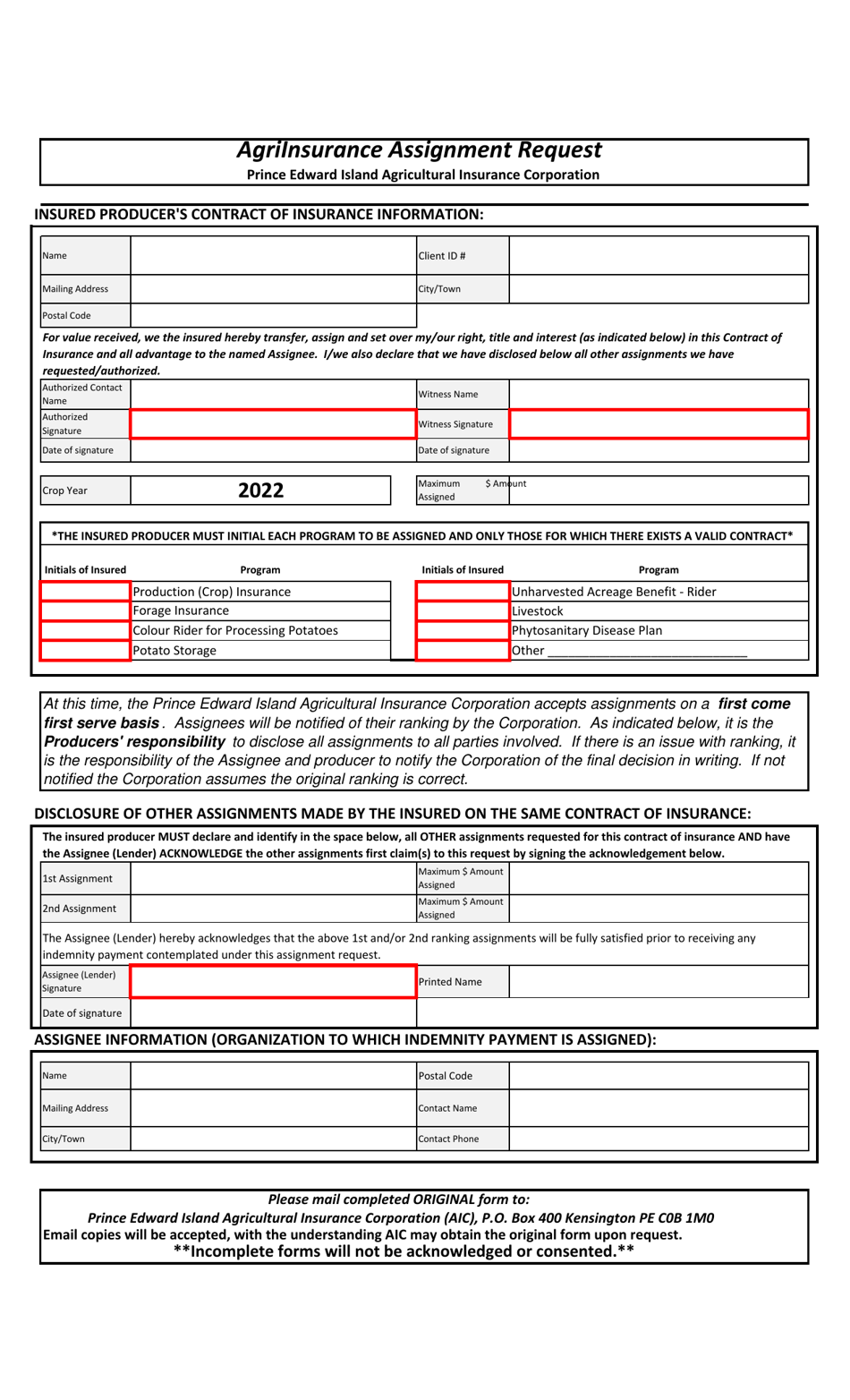 Agriinsurance Assignment Request - Prince Edward Island, Canada, Page 1