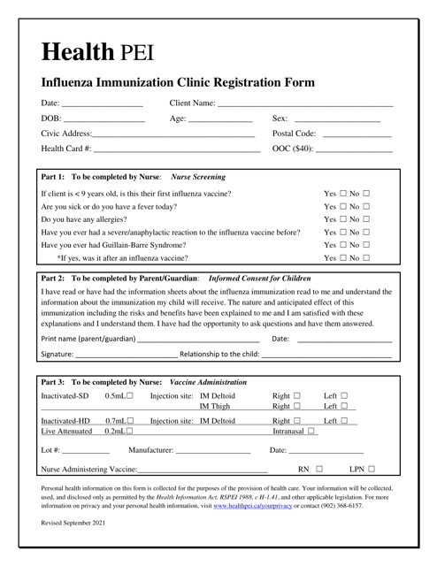 Influenza Immunization Clinic Registration Form - Prince Edward Island, Canada Download Pdf