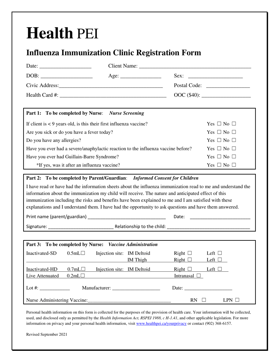Influenza Immunization Clinic Registration Form - Prince Edward Island, Canada, Page 1