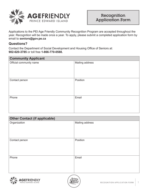 Recognition Application Form - Age Friendly - Prince Edward Island, Canada Download Pdf