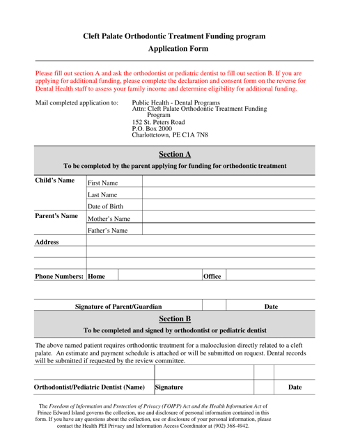 Cleft Palate Orthodontic Treatment Funding Program Application Form - Prince Edward Island, Canada Download Pdf