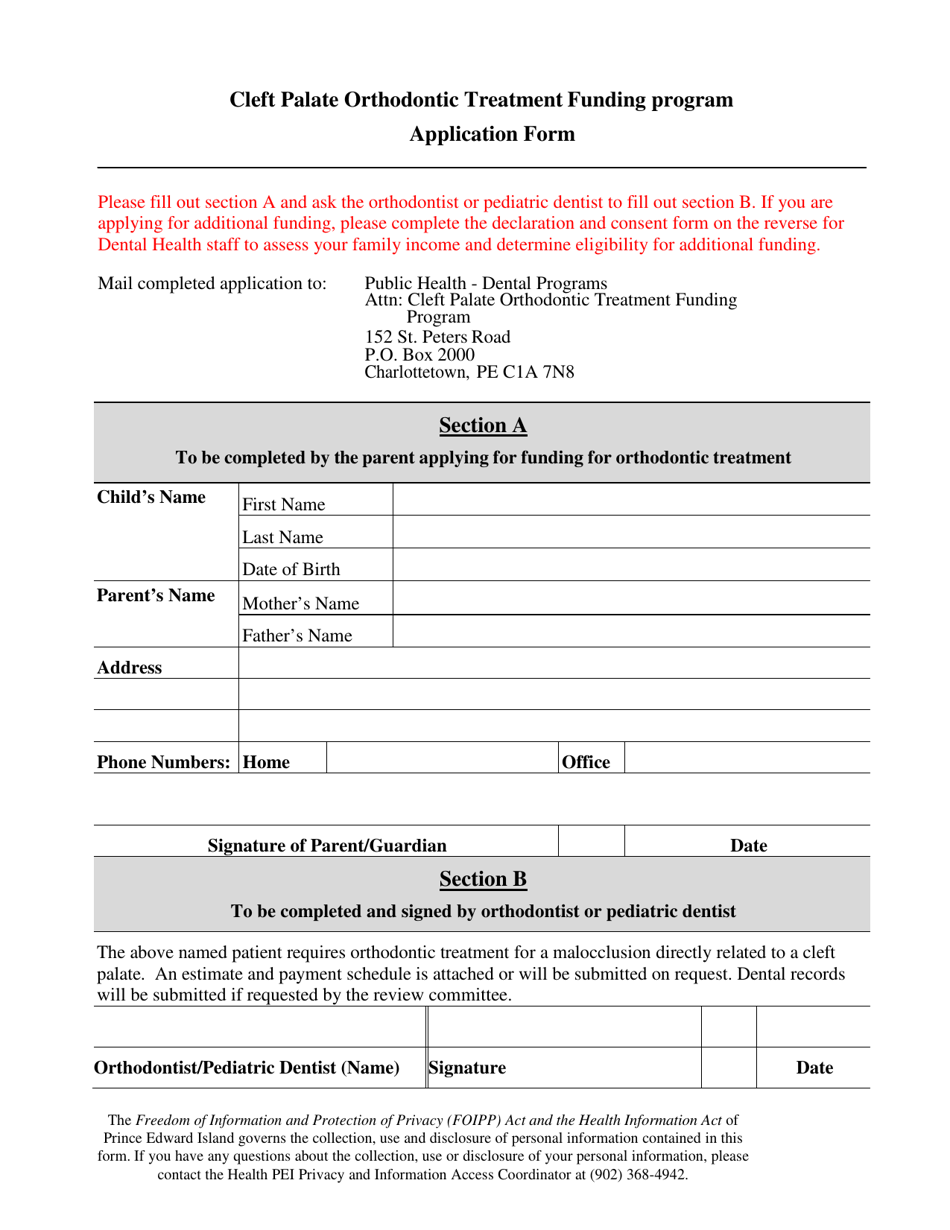 Cleft Palate Orthodontic Treatment Funding Program Application Form - Prince Edward Island, Canada, Page 1