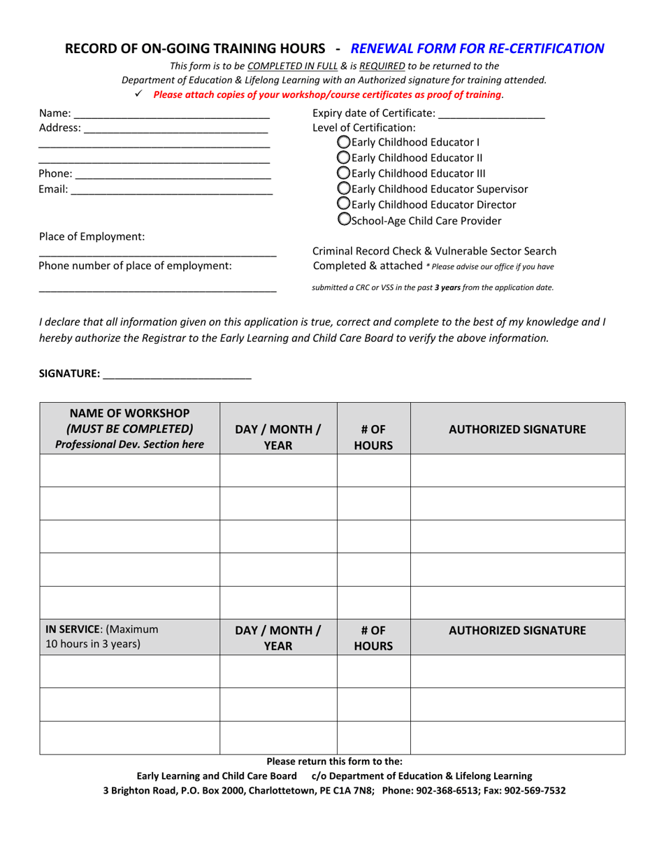 Record of on-Going Training Hours - Renewal Form for Re-certification - Prince Edward Island, Canada, Page 1