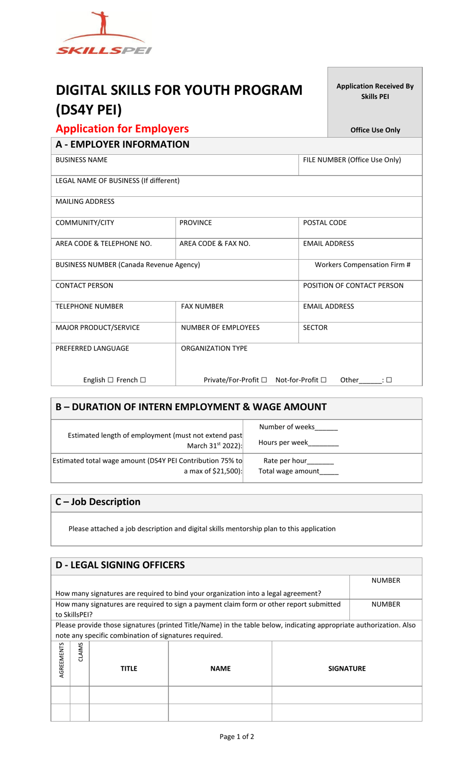 Application for Employers - Digital Skills for Youth Program (Ds4y Pei) - Prince Edward Island, Canada, Page 1