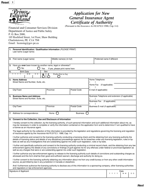 Application for New General Insurance Agent Certificate of Authority - Prince Edward Island, Canada Download Pdf