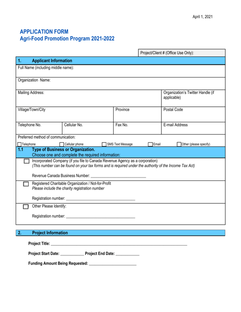 Agri-Food Promotion Program Application Form - Prince Edward Island, Canada Download Pdf