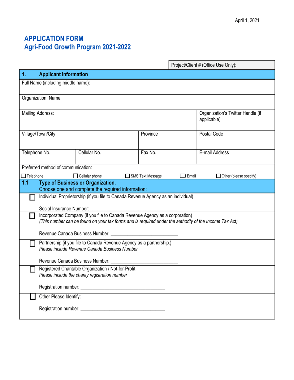 Agri-Food Growth Program Application Form - Prince Edward Island, Canada, Page 1