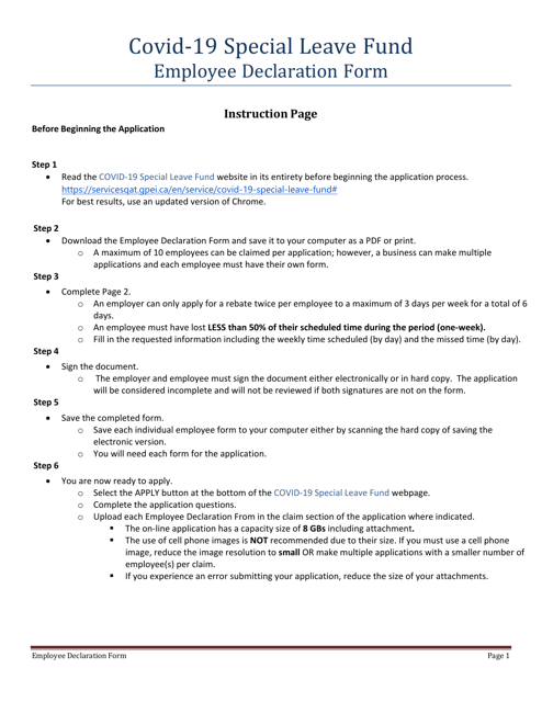 Covid-19 Special Leave Fund Employee Declaration Form - Prince Edward Island, Canada Download Pdf