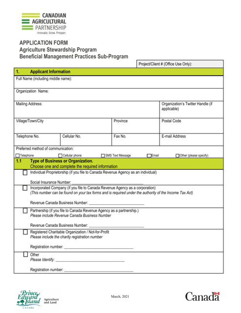 Application Form - Agriculture Stewardship Program Beneficial Management Practices Sub-program - Prince Edward Island, Canada Download Pdf