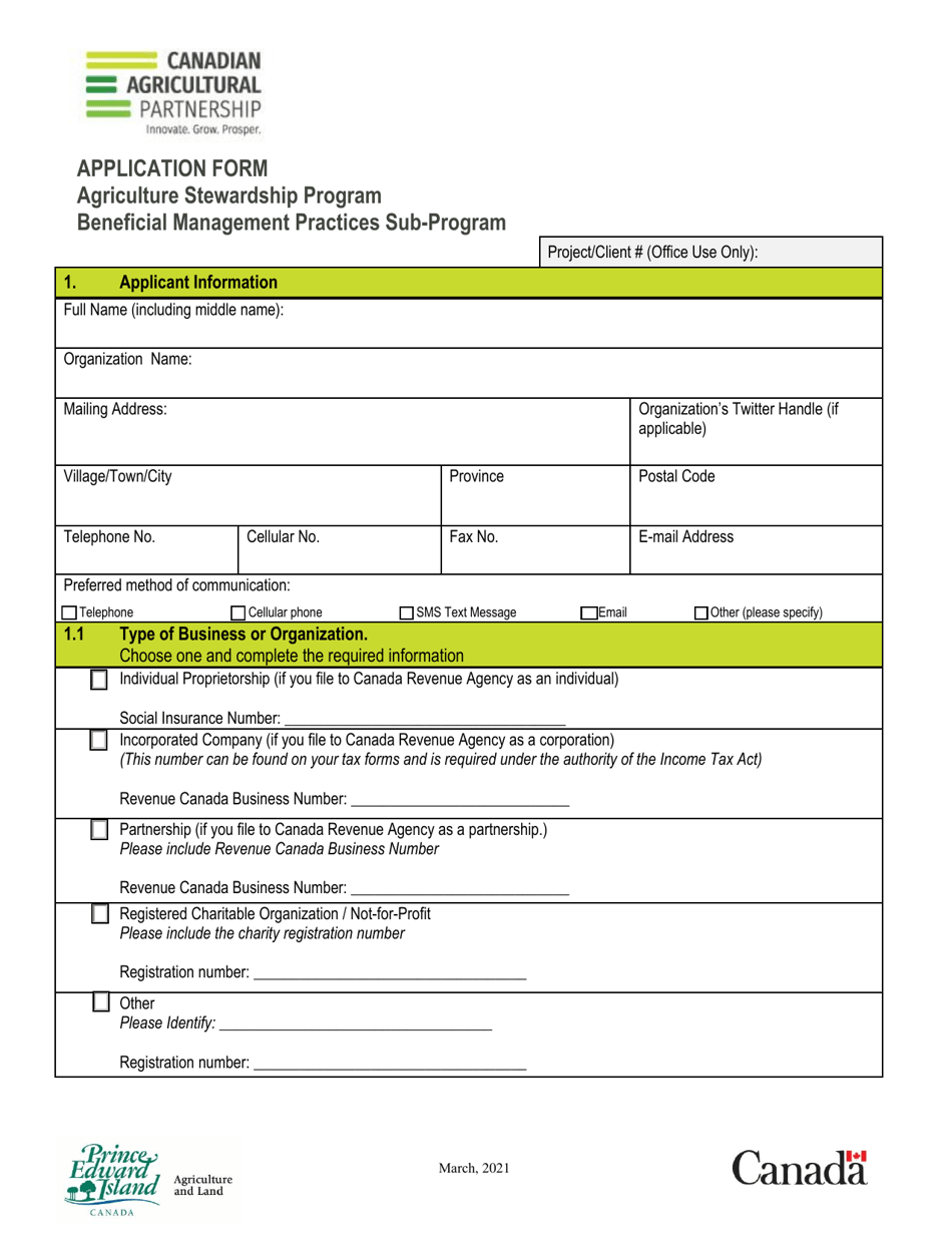 Application Form - Agriculture Stewardship Program Beneficial Management Practices Sub-program - Prince Edward Island, Canada, Page 1