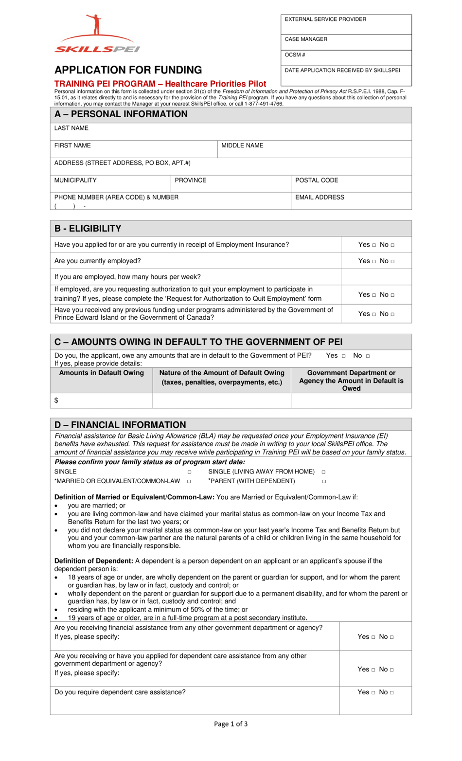 Application for Funding - Training Pei Program - Healthcare Priorities Pilot - Prince Edward Island, Canada, Page 1