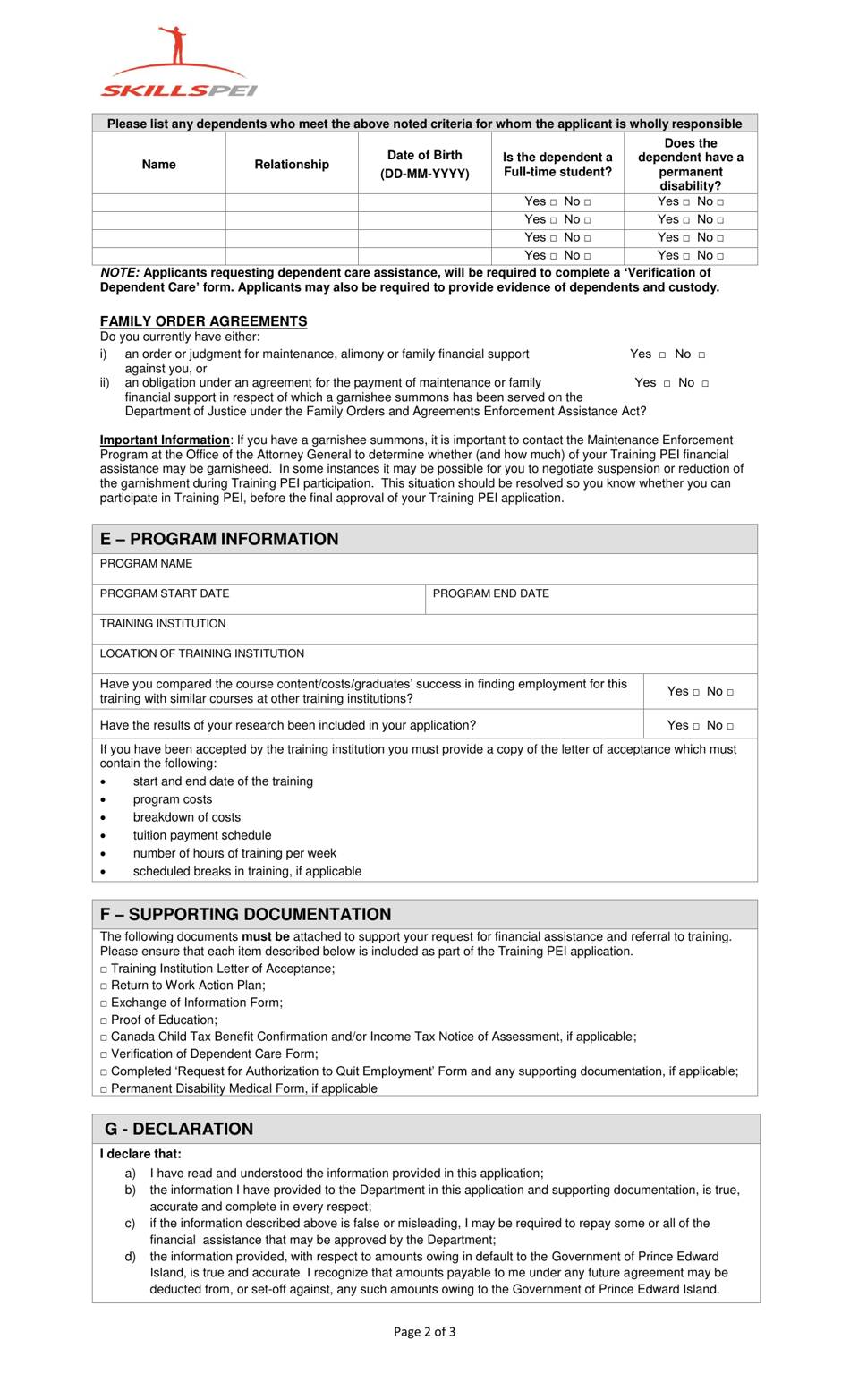 Application for Funding - Training Pei Program - Healthcare Priorities Pilot - Prince Edward Island, Canada, Page 2
