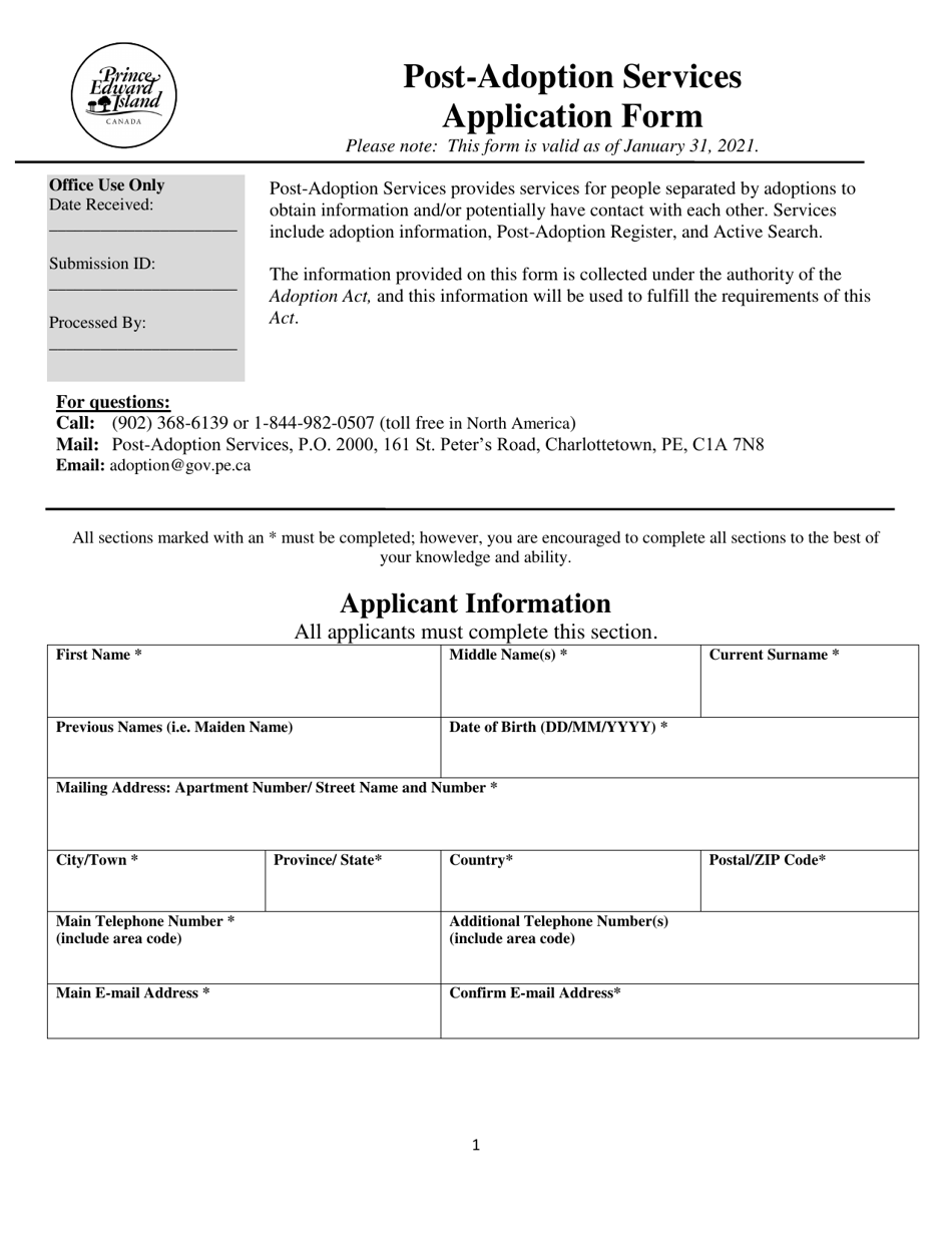 Form DG-513 Post-adoption Services Application Form - Prince Edward Island, Canada, Page 1